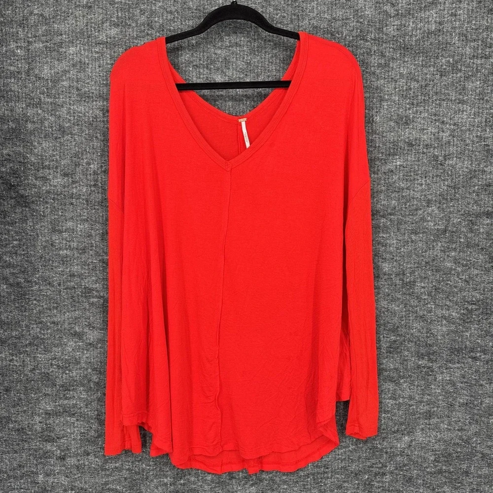 Free People Shirt Womens M‎ Red Viscose Blend V Neck Long Sleeve Tunic Top